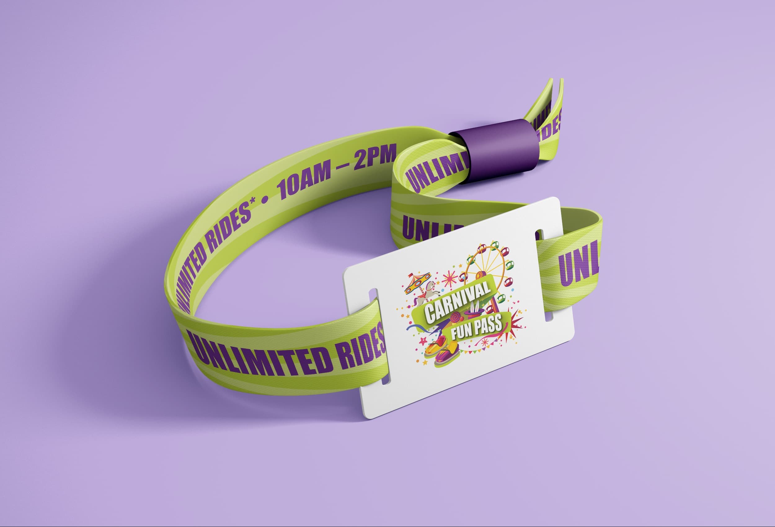 Carnival Fun Pass wristband with NFC card — green "Unlimited Rides 10AM-2PM" wristband