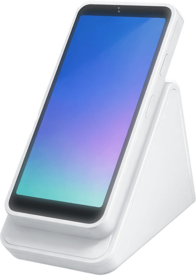 White payment terminal on stand — tap-to-pay device