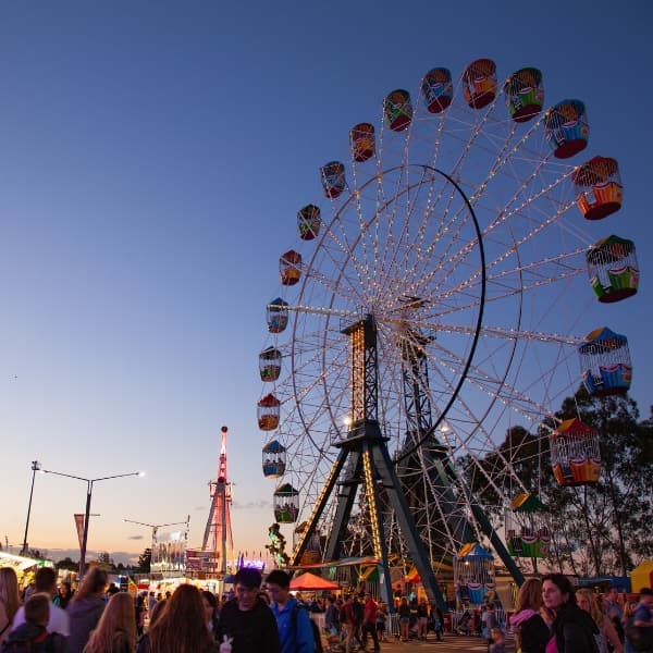Ferris wheel lit up at dusk with crowds silhouetted against the twilight sky