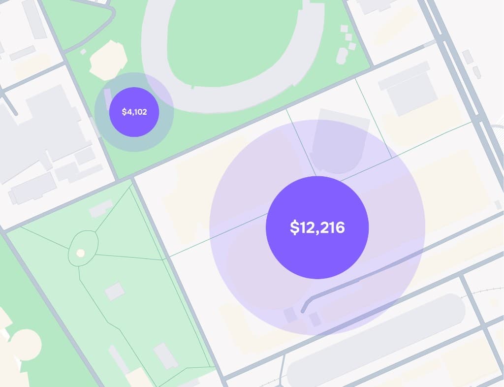 Live venue revenue heatmap — spend density and foot traffic hotspots